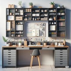 a computer desk with lots of office supplies on top of it and shelves above the desk