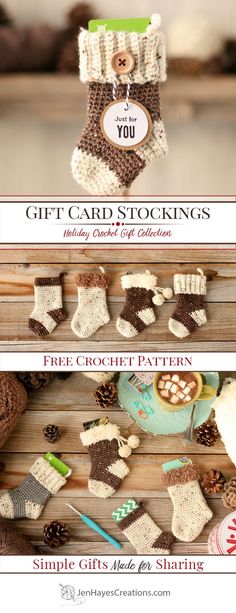 two pictures with different items on them and the words, gift card stockings holiday crochet pattern