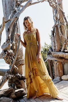 Femme beachy maxi from our Endless Summer collection featuring a dramatic tiered skirt, crochet lace insets and a drawstring waist.* Tassel drawstring* Semi-sheer accents* Flowy fit Maxi Dress Boho Style, Bohemian Schick, Bridal Kimono, Mode Hippie, Gaun Fashion, Bohemian Mode, Estilo Hippie, Blue Crush, 70s Boho