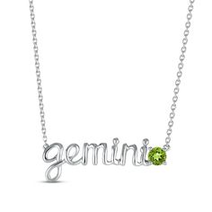 This stellar necklace features "Gemini" spelled out in swirling sterling silver letters. A peridot punctuates the word art, adding eye-catching color. The pendant suspends from an 18-inch cable chain that secures with a lobster clasp. Gemini Necklace, Zodiac Gemini, Gemini Zodiac, Gold Letters, Accessories Jewelry Necklace, Necklace Sterling Silver, Eye Catching Colors, Word Art, Cable Chain