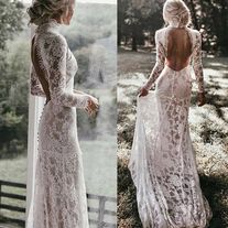 two pictures of a woman wearing a wedding dress with long sleeves and open back, standing in