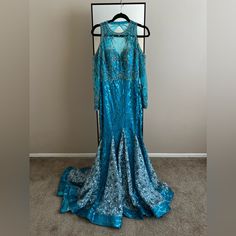 Excellent Condition; Never Been Worn. Blue Embellished Mermaid Dress, Blue Embellished Fitted Mermaid Dress, Elegant Blue Mermaid Gown, Glamorous Blue Mermaid Evening Dress, Blue Mermaid Dress With Sweep Train For Evening, Blue Mermaid Dress With Sweep Train For Gala, Blue Floor-length Mermaid Dress With Sweep Train, Blue Mermaid Hem Evening Gown, Glamorous Blue Floor-length Mermaid Dress