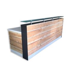 an image of a wooden counter with black metal bars on the top and bottom part