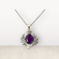 "Large Handcast 925 Sterling Silver Scottish Thistle Pendant accented with faceted Amethyst                                                        + Free 18\" long 316L non allergenic Surgical/Stainless Steel Cable Link Chain (Picture#1-#2) OR 18\" long 925 Sterling Silver Box Chain (Picture#3) Longer chains available for a surcharge. Chain Choices: 316L Surgical/Stainless Steel Cable Link Chain (Picture#1) 925 Sterling Silver Box Chain (Picture#2) 925 Sterling Silver Rope Chain (Picture#3) 925 Scotland National Flower, Amethyst Pendant Necklace, Silver Rope Chain, Amethyst Necklace Pendant, Celtic Knotwork, Crescent Moon Pendant, Scottish Thistle, Stainless Steel Cable, Silver Snake Chain