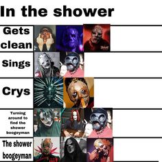 a poster with the words in the shower and images of people wearing masks on them