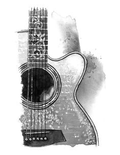 a black and white drawing of an acoustic guitar