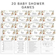 20 baby shower games with trees and leaves on the front, one for each child