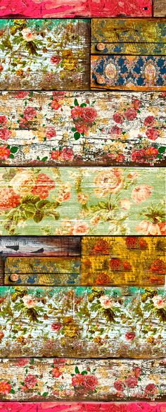 an assortment of different colored wood planks with flowers and leaves painted on the side