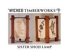 two wooden signs with the words,'wise timber works sister shoji lamp '