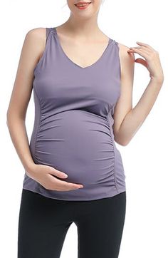 Gathered sides flatter your growing baby bump in a versatile tank designed with snaps at the shoulders that allow for easy, discreet nursing once baby arrives. 25" length V-neck Sleeveless 88% nylon, 12% spandex Machine wash, tumble dry Imported Maternity Brands, Nursing Tank, Maternity Tank Tops, Active Tank Tops, Tank Design, Pregnant Belly, Maternity Nursing, Baby Bump, Maternity Wear