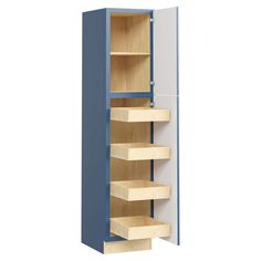 a blue and white cabinet with wooden shelves