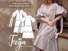 --- PATTERN FILE COMES IN THREE FORMATS: A4, A0 AND LETTER --- Teya Dress details   *"boho" style dress *puff sleeves with long tie cuffs *v-neck with frontal button/loop closure *a two-tier gathered skirt  *"midi" length Ease allowances:  Bust - 9 cm  Total length: From the mid-shoulder to the bottom hem - 1.14 m - 1.16 m NB! The dress has a complex cut and fit, therefore, it's important to make a toile before you cut your main fabric. By making a toile, you can quickly see if any adjustment ne Project D, Puff Sleeve Midi Dress, Boho Style Dresses, Long Midi Dress, Puffy Sleeves, Sleeve Midi Dress, Gathered Skirt, Boho Stil, Knitting Materials