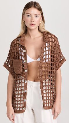 Nia Thomas Sessa Shirt | Shopbop Bohemian Cotton Crochet Top With Short Sleeves, Brown Cotton Crochet Top For Vacation, Casual Summer Crochet Top With Buttons, Casual Brown Crochet Cotton Top, Casual Brown Cotton Crochet Top, Tawny Brown, Crochet Collar, Medical Problems, Mother Of Pearl Buttons