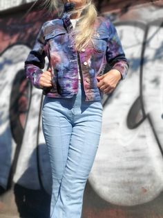 "ICE Dye Crop Jacket S-XL Boho Jacket, Stretchy Denim Jacket, Street Style, Street Fashion A fun jacket with a good stretch, front buttoning, chest, side & inner pockets. Color Combo Name: ICE DYE navy-purple I'm modeling this in a size Medium, which I find the perfect size for me; I am 5'3\", 34\"-28\" - not chesty! Sizes: S, M, L, XL -TRUE TO SIZE! ALWAYS DOUBLE-CHECK THE MEASUREMENTS! Measurements Chest Across: 17½\", 18½\", 19½\", 20½\" Bottom Band Across: 16\", 17\", 18\", 19\" Length: 19½\", 20½\", 20½\", 23\" Sleeves Length: 22½\", 22½\", 23\", 23\" Material 70% cotton, 28% poly, 2% spandex LIGHTWEIGHT STRETCHY FABRIC! Pre-shrunk Machine Wash & Dry Each piece is hand-dyed individually! Although I use the same fabric dyes, the result is always unique and one of a kind!" Urban Fitted Denim Jacket With Pockets, Casual Fitted Cropped Jacket With Pockets, Fitted Urban Denim Jacket With Pockets, Casual Purple Relaxed Fit Outerwear, Casual Fitted Button-up Cropped Jacket, Fitted Winter Denim Jacket With Snap Buttons, Fitted Button-up Denim Jacket For Winter, Fitted Denim Jacket With Snap Buttons For Winter, Purple Relaxed Fit Cotton Outerwear