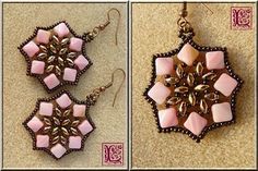 two pictures of pink and gold earrings on carpeted floor next to one another with the same pattern