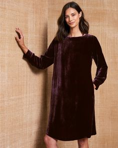 A dazzling plus-one for special dinners, cocktail parties, and holiday events. Designed just for us, in shimmering washable velvet with a touch of silk for comfy movement.  By EILEEN FISHER exclusively for Garnet Hill. Slightly A-line silhouette. Long sleeves with button cuffs. Holiday Events, Bateau Neck, Garnet Hill, Cocktail Parties, Stretch Velvet, Sweater Sale, Wearing Clothes, Eileen Fisher, Shop Dresses