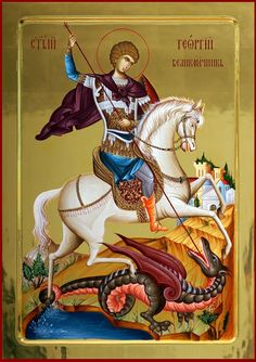 an icon of st george the great riding a white horse with a dragon on its back