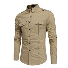 Casual Fitted Shirt With Casual Collar, Slim Fit Solid Top With Pockets, Cotton Slim Fit Tops For Fall, Brown Cotton Shirt With Casual Collar, Brown Casual Collar Cotton Top, Beige Fitted Shirt With Casual Collar, Beige Slim Fit Casual Top, Fitted Cotton Shirt For Fall, Beige Casual Slim Fit Top