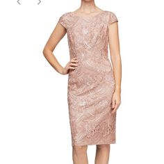 Alex Evenings Embroidered Sequin Lace Dress Color:Rose Gold Size:12 This Glamorous Cap Sleeve Lace Cocktail Dress Is Finished With Lush Floral Embroidery & Shimmering Sequin Detail. Wear This Wonderful Dress At The Night Of Any Big Event... Perfect For Wedding Guests! Elegant Embroidered Midi Dress For Formal Occasions, Elegant Formal Embroidered Midi Dress, Formal Fitted Floral Embroidery Midi Dress, Fitted Floral Embroidered Midi Dress For Formal Occasions, Elegant Knee-length Floral Embroidered Lace Dress, Formal Fitted Midi Dress With Floral Embroidery, Elegant Knee-length Lace Dress With Floral Embroidery, Fitted Formal Embroidered Midi Dress, Fitted Embroidered Midi Dress For Wedding