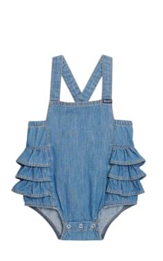 Wrangler Infant Girl's Medium Wash Sleeveless Tiered Ruffle Back Denim Romper Spring Denim Jumpsuit With Ruffles, Summer Denim Jumpsuit With Ruffles, Casual Ruffled Bottoms For Playtime, Trendy Summer Denim Jumpsuit With Ruffles, Ruffled Bottoms For Summer Playtime, Playful Medium Wash Bottoms For Spring, Sleeveless Denim Jumpsuit For Spring Beach Outing, Cute Denim Bottoms With Ruffles, Country Baby Girl Clothes