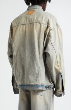 Balenciaga puts its signature avant-garde spin on the streetwear-staple trucker jacket in this oversized version cut from washed denim for an inside-out effect. 30 1/2" length (size 2) Front button closure Spread collar Button cuffs Chest button-flap patch pockets; side-seam pockets 65% polyester, 35% cotton Machine wash, line dry Made in Italy Designer Clothing Spring Streetwear Denim Jacket With Double-needle Sleeve, Rugged Washed Outerwear For Streetwear, Acid Wash Relaxed Fit Denim Jacket, Oversized Distressed Cotton Denim Jacket, Rugged Washed Denim Jacket, Casual Rigid Denim Outerwear For Streetwear, Washed Blue Relaxed Fit Denim Jacket For Streetwear, Relaxed Fit Washed Denim Jacket For Streetwear, Spring Streetwear Light Outerwear