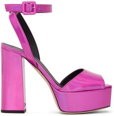 Iridescent patent faux-leather heeled sandals in pink. · Open square toe · Adjustable ankle strap with pin-buckle fastening · Logo stamped at buffed leather footbed · Buffed leather lining in black · Silver-tone logo hardware at covered block heel · Leather outsole in beige · Heel: H4.75 in Supplier color: Fuchsia | Giuseppe Zanotti Pink Blasvegas 120mm Heeled Sandals Modern Pink Heels With Buckle Closure, Louboutin Men, Beige Heels, Leather Heels Sandals, Faux Leather Heels, Color Fuchsia, Heeled Sandals, Pink Aesthetic, Giuseppe Zanotti