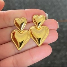 Reflective And Sleek On The Ear. 24k Gold Vermeil (Stainless Steel With Gold Plating) Gold Double Heart Earrings For Formal Occasions, Luxury Gold Double Heart Earrings, Luxury Gold Heart Earrings For Wedding, Luxury Gold Heart Earrings, Sherpa Bucket Hat, Leather Bucket Hat, Heart Earring, Straw Sun Hat, Crochet Bucket Hat