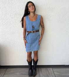 This subtly re-embellished vintage denim dress has the perfect western vibe. Slit on sides of dress. Belt not included but recommended to complete look!Moon Mujer disclaimer: garments are hand-sewn so each garment is individualized and has charming imperfections. Fringe Western Dress, Vintage Denim Dress, Denim Jumper Dress, Streetwear Dress, Vintage Fringe, Denim Jumper, Western Dress, Lace Jumpsuit, Tie Dye Maxi