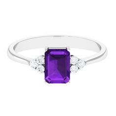 1.5 CT Octagon Cut Amethyst Engagement Ring with Diamond Trio Amethyst - ( AAA ) - Quality - Rosec Jewels Amethyst Engagement Ring, Amethyst Ring Engagement, Amethyst And Diamond Ring, Love And Affection, Ring With Diamond, 18k Yellow Gold Ring, Signature Jewelry, Engagement Jewelry, Amethyst Gemstone