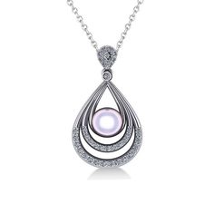 Pearl & Diamond Tear Drop Pendant Necklace 14k White Gold (0.46ct) - Allurez.com Teardrop Diamond Necklace, Tear Drop Pendant, Teardrop Diamond, Drop Pendant Necklace, Rose Gold Pendant, Pearl Design, Teardrop Pendant, Rose Gold Jewelry, Pearl Diamond