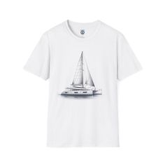 ⛵︎⛵︎⛵︎⛵︎ Experience the Essence of Luxury Sailing ⛵︎⛵︎⛵︎⛵︎ Set sail on a journey of opulence and tranquility with our exclusive Sailing Catamaran T-Shirt. This premium tee captures the serene elegance of a luxurious yacht, effortlessly gliding through the pristine waters. ⛵︎⛵︎⛵︎⛵︎ Design and Inspiration ⛵︎⛵︎⛵︎⛵︎ Our artistically designed t-shirt features a beautifully detailed sailing catamaran, evoking images of gentle breezes and sun-kissed decks. The illustration showcases the sleek lines and spacious elegance of a top-tier yacht, inviting you to imagine yourself in a world of relaxed sophistication. ⛵︎⛵︎⛵︎⛵︎ Comfort and Quality ⛵︎⛵︎⛵︎⛵︎  Whether you're at the beach, on the water, or dreaming of your next adventure, you'll feel as good as you look. The soft, breathable material ensures White Nautical Style Short Sleeve T-shirt, White Nautical Short Sleeve T-shirt, White Short Sleeve Nautical T-shirt, Nautical White T-shirt With Graphic Print, Nautical Cotton T-shirt For Sailing, Nautical White Crew Neck T-shirt, White Nautical Crew Neck T-shirt, Nautical Style Sail Color Short Sleeve Tops, Nautical Short Sleeve Top In Sail Color