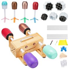 a wooden toy set with different tools and materials