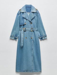 Long Denim Trench Coat with Belt On Waist Slim Fit - Anna Kay & Co Jean Trench Coat, Everyday Uniform, Denim Trench Coat, Blue Trench Coat, Classic Coat, Denim Chic, Jean Jacket Women, Long Trench, Blue Jean Jacket