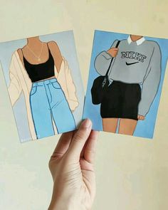 someone holding up two pictures of different outfits