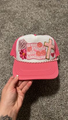 Treat people with kindness trucker hat. Handmade myself. Simple pink and white trucker hat with iron on patches and a pearl chain. Pink Baseball Cap As Spring Gift, Pink Snapback Hat As Gift, Pink Snapback Hat As A Gift, Pink Trucker Snapback Hat As Gift, Pink Trucker Baseball Cap For Gift, Pink Trucker Baseball Cap As A Gift, Pink Hats, Pink Trucker Hat As Gift, Cute Pink Trucker Hat For Gift