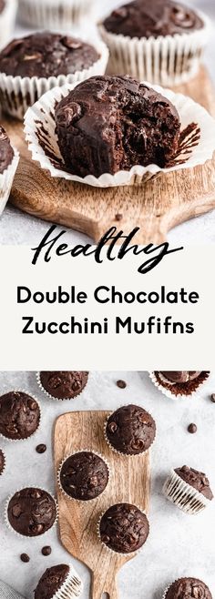 healthy double chocolate zucchini muffins on a cutting board