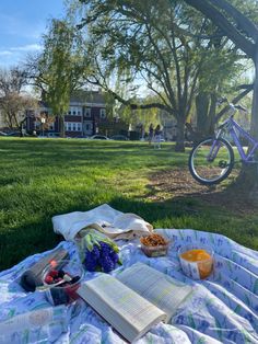 an open book and some food on a blanket in the grass near a bicycle parked next to it