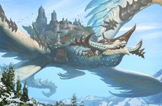 an artistic painting of a dragon flying in the sky with a castle on it's back