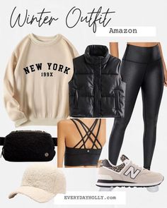 Fall Outfit Vest Women, Cropped Vest Outfit Winter, Casual Athleisure Outfits Fall, Cropped Leather Puffer Vest Outfit, Legging And Vest Outfits, New York Sweatshirt Outfit, Cropped Puffer Vest Outfit Leggings, Sporting Event Outfit Winter, Amazon Athleisure Outfits