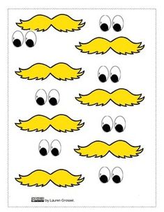 a sheet of yellow mustaches with eyes and black dots on the bottom, in front of white background