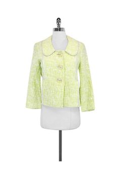 Current Boutique-Cynthia Steffe - Lime Textured Cotton Jacket w/ Silver Trim Sz M Green Outerwear With Snap Buttons For Spring, Green Spring Outerwear With Buttons, Green Spring Outerwear With Snap Buttons, Green Spring Blazer With Buttons, Green Blazer With Buttons For Spring, Green Button-up Outerwear For Spring, Spring Green Blazer With Buttons, Green Fall Outerwear With Covered Buttons, Spring Casual Blazer With Covered Buttons