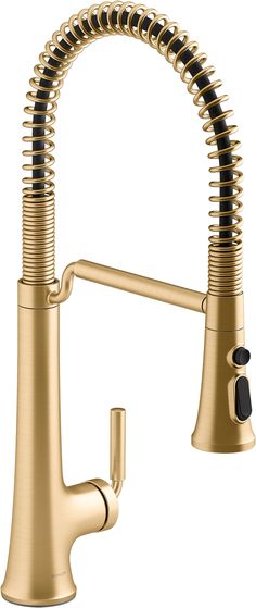 a kitchen faucet with an adjustable sprayer and gold colored metal finish on the side