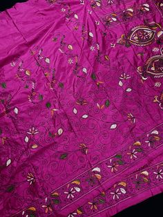 Gorgeous Wine color saree with handwoven Kantha stitch work Item: SareeColor : Fuchsia Pink Color with Multi Color Thread Base Fabric: Bangalori Silk Blouse piece : YesBlouse material: Bangalori Silk Fall & Edging (Yes/No) : Yes Disclaimer -:- Color variation is possible due to various reasons like phone or desktop setting, resolution etc. Please don't hold us responsible. Our aim is to put the exact color of the Saree.- Colors are very Subjective. Hence a color understood by us can be different Pink Semi-stitched Traditional Wear For Festival, Bohemian Art Silk Choli With Cutdana, Bohemian Lehenga For Puja, Bohemian Art Silk Choli With Resham Embroidery, Anarkali Pink Choli With Motifs, Anarkali Choli With Pink Motifs, Anarkali Style Pink Choli With Motifs, Bohemian Lehenga With Pallu For Puja, Pink Bohemian Choli For Festivals