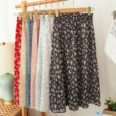 Orcajump - Guaneri Snow Chiffon Floral Midi Skirt with Chiffon Letter Print Long Skirt and Wide Beach Skirt Slim Fit Skirts, Korean Skirt, Skirt Streetwear, Long Skirt Summer, Printed Long Skirt, Pleated Long Skirt, Chiffon Floral, Vintage Floral Pattern, Beach Skirt