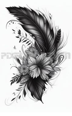 a black and white drawing of a feather with flowers