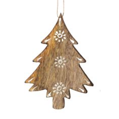 a wooden christmas tree ornament hanging from a string with snowflakes on it