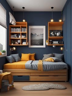 a bedroom with blue walls and wooden shelves above the bed is lit by yellow lights