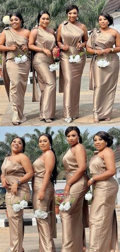 the bridesmaids are posing for pictures in their gold gowns and bouquets