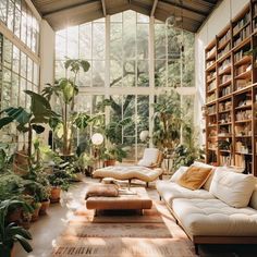 a living room filled with lots of plants and bookshelves in front of large windows