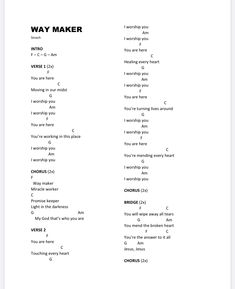 the way maker song sheet is shown in black and white, with words above it